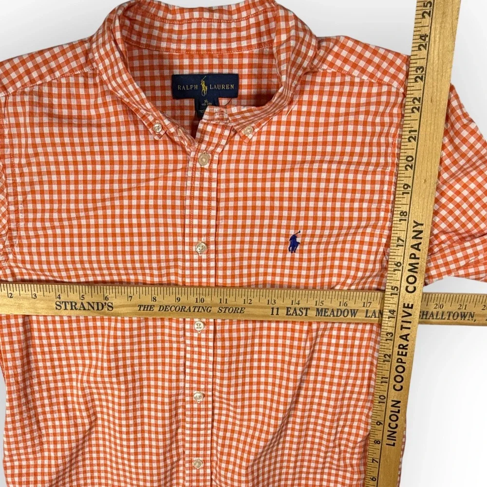 Ralph Lauren Kids XL Orange Gingham Check Cotton Button Dn‎ Shirt Blue Pony Logo